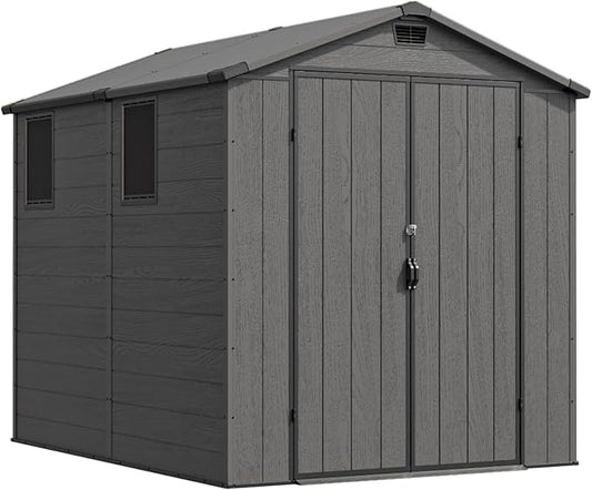 Devoko 6x8 Ft Outdoor Storage Shed - Lockable Resin Tool Shed with Window & Floor - Easy Assembly for Garden, Backyard, Dark Gray