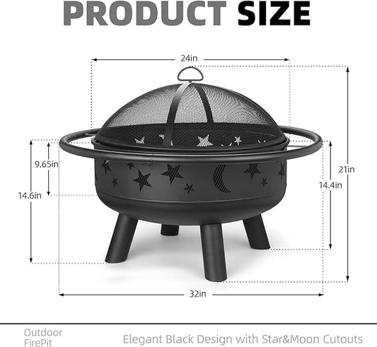 32" Round Wood Burning Fire Pit with Mesh Cover, Fire Poker, Star & Moon Cutouts, Metal Outdoor Firepit for Patio, Backyard, Garden, Bonfire, Camping, Christmas, Thanksgiving, Halloween