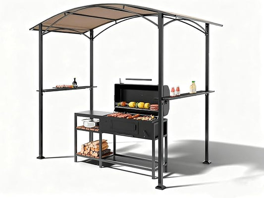 8x5 Metal Grill Gazebo - Outdoor BBQ Canopy Shelter with 2 Side Shelves for Patio Backyard Grilling and Barbecue Picnic,Brown