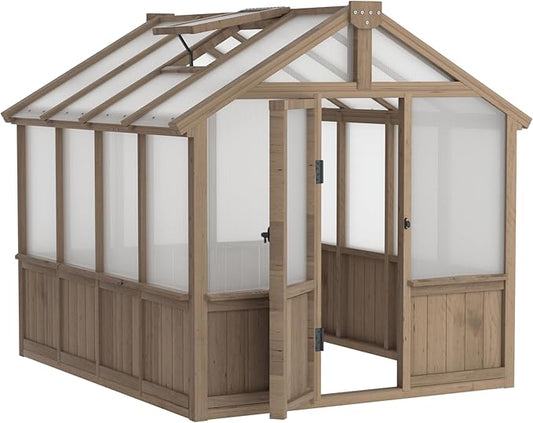 Mupater 6 x 8 FT Wooden Polycarbonate Greenhouse with Ventilated Window and Lockable Door, Walk-in Greenhouse for Backyard