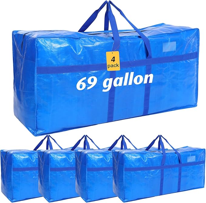 Windyun 4 Pack 69 Gallon Extra Large Storage Bags XXL Moving Bags with Zipper Handles Heavy Duty Jumbo Big Tote Box for Christmas Tree Storage 4, 5, 7.5, 9, 10, 12 ft Skeleton College Dorm(Blue)