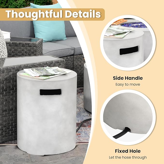 SUNSIT Propane Tank Cover Table, 20 lb Tank Holder, Concrete Storage Box with Handles, Round Hideaway Table for Gas Fire Pit, Grey