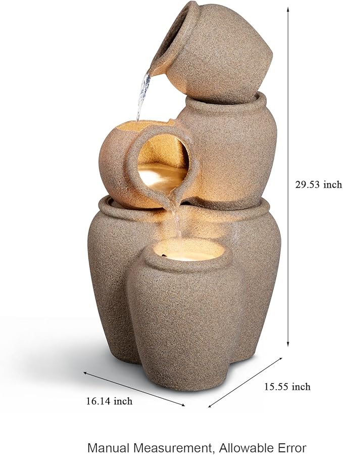 Puulye 29.53" H Outdoor Water Fountain Made with Eco-Friendly Recyclable Materials, Polyethylene Cascading Waterfall Outdoor Fountain, Garden Decor with LED Light & Pump for Patio, Backyard