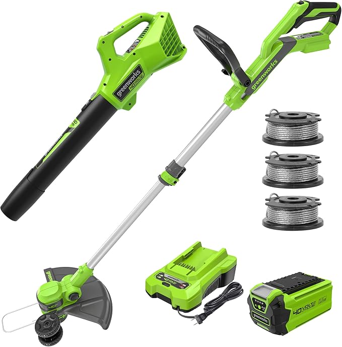 Greenworks 40V Cordless Yard Tool Combo Kit with 2.0Ah Battery & Charger – 13" Auto Feed String Trimmer and 350 CFM Leaf Blower, Includes 3 Bonus Spools