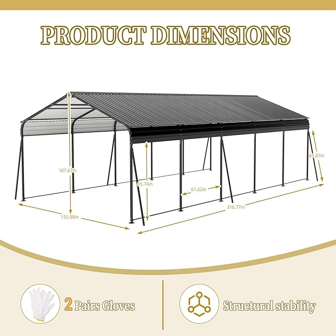 Metal Carport 13x26.5 ft Car Port, Heavy Duty Carports with Enhanced Base, Multi-Use Garage Shed for Car and Truck, Campcraft, Carport Kit with Galvanized Steel Frame & Roof (Dark Gray, 13 * 26.5FT)