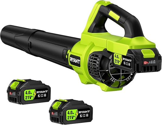 RYAHT Leaf Blower Cordless, Leaf Blower with Battery and Charger - 2 x 4.0Ah Batteries, 2 Speed Modes, 21V Powerful Electric Leaf Blower for Lawn Care, Patio Cleaning and Dust, Green