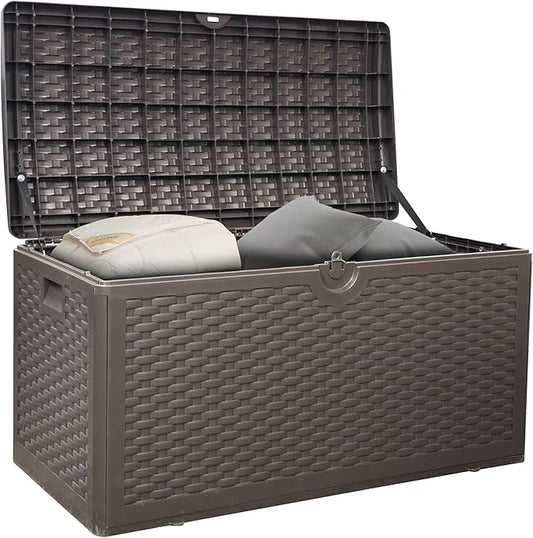 Upgrade 82 Upgrade Gallon Waterproof Large Resin Deck Box Indoor/Outdoor Lockable Storage Container and Seating for Garden, Pool, and Patio (82 Pro Gallon, Brown)