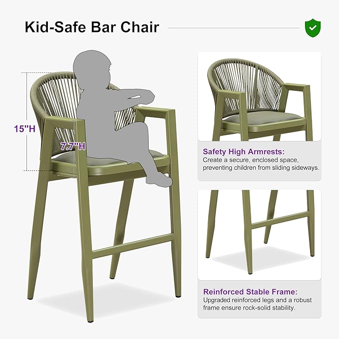 PURPLE LEAF Outdoor Bar Stools Set of 2 - Wicker Woven Height Chairs, Aluminum Barstool for Patio Kitchen Island Lawn, Green