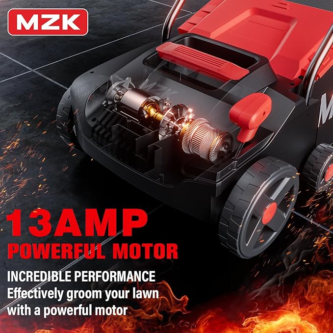 MZK 13-inch 13-Amp 2-in-1 Electric Dethatcher and Scarifier w/Removeable 4-Position Height Adjustment,Lawn dethatcher w/8-Gallon Thatch Collection Bag,Keep Lawn Health (DS13A04)