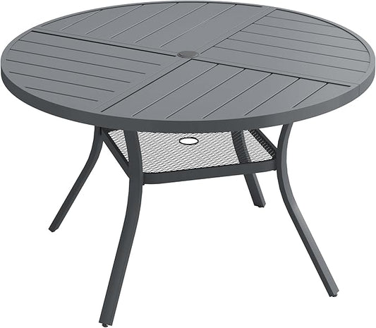 VICLLAX Round Patio Dining Table, 4 Person Metal Outdoor Dining Table with Umbrella Hole and Storage Shelf for Garden Lawn Deck, 40.6" Dark Grey
