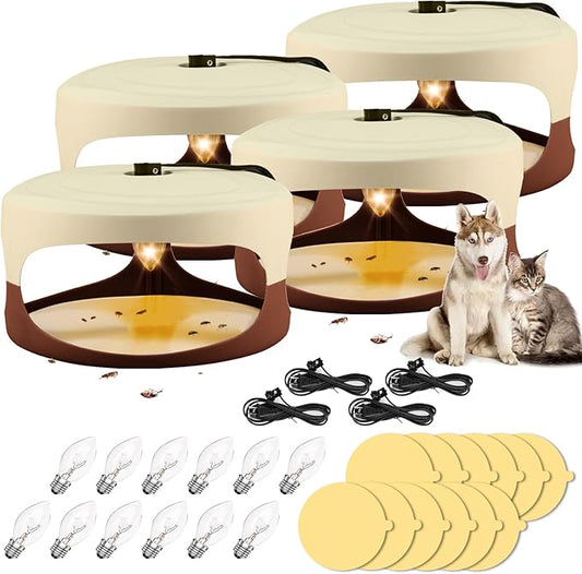 Flea Trap 4 Packs-Flea Traps for Inside Your Home, Bed Bug with Light for Indoor, Friendly Light Trap for Indoor & Garage with 12 Sticky Disc 12 Bulbs 4 Electric Wires, Safe to Pets & Human (Brown)