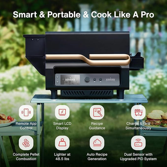 ASMOKE Essential– Guga’s Pick | Smart Portable Wood Pellet Grill & Smoker with 5" LCD Screen, 8-in-1 Grill,8H Battery, Effortless Cleaning, Wi-Fi Smart Control, 271 sq.in,Fit for Family BBQ