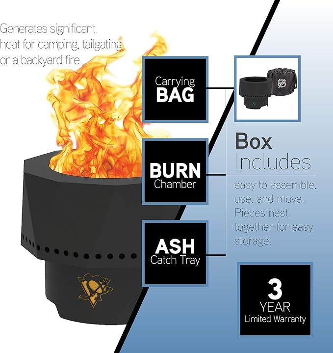 Blue Sky Outdoor Living NHL Pittsburgh Penguins Ridge Portable Steel Smokeless Fire Pit with Carrying Bag, Firewood and/or Wood Pellet Burning