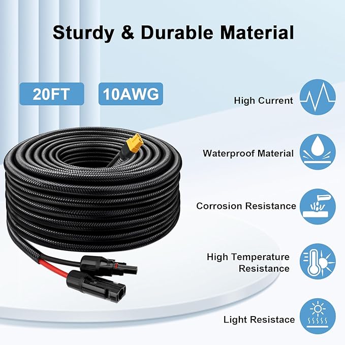 MOOKEERF Solar to XT60 Cable 10AWG 20FT Solar Connector to XT60 Adapter Cable for Solar Panel to Battery RV Portable Power Station Solar Generator - 20 Foot