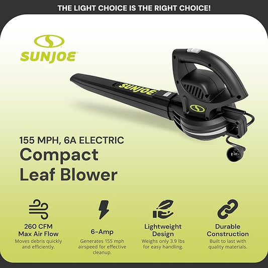 Sun Joe Corded Electric Leaf Blower Machine, 155 MPH, 260 CFM, 6-Amp Motor, Black - Portable and Lightweight Gardening Equipment for Yard Care and Lawn Maintenance, SBJ597E.
