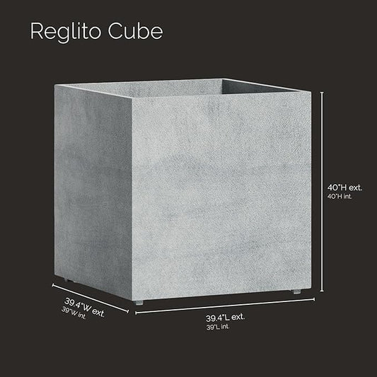 Reglito Cube Planter – Fiberglass Indoor/Outdoor and Weather-Resistant Large Planter (Concrete Stone, 39.4" L x 39.4" W x 40" H)