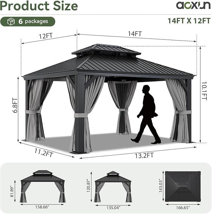 Aoxun 12' X 14' Hardtop Gazebo with Drainage System, Aluminum Outdoor Gazebo with Galvanized Steel Double Roof, Patio Permanent Metal Pavilion with Curtain and Netting, for Backyard, Deck, Grey