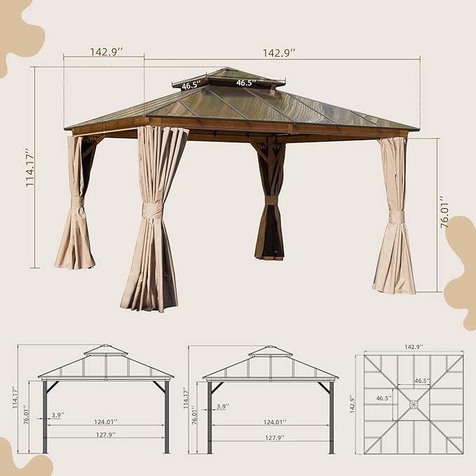 Domi 12' X 12' Hardtop Gazebo with Polycarbonate Double Roof, Aluminum Frame, Curtains & Netting, All-Weather Backyard Shade Structure for Patio, Garden, Deck, and Lawn, Wood-Look Finish