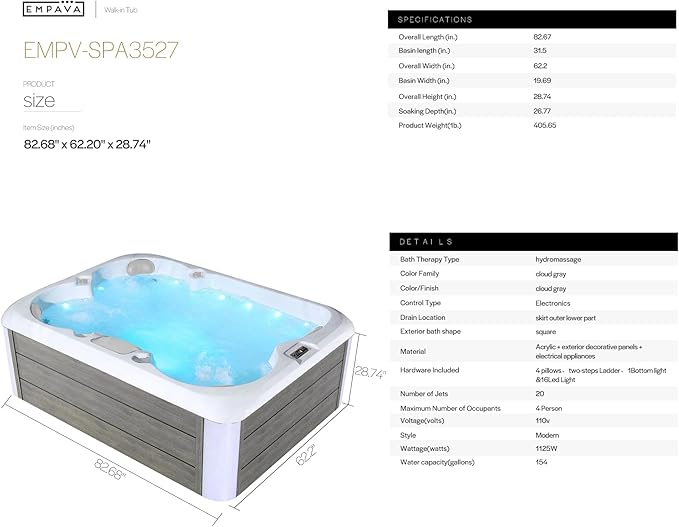 Empava Hot Tub, 4-Person Home Spa for Hydrotherapy, Arthritis & Muscle Relief |20-Jet 110V Backyard Oasis for Ultimate Recovery & Lasting Family Memories, Acrylic, 82", ETL Certified