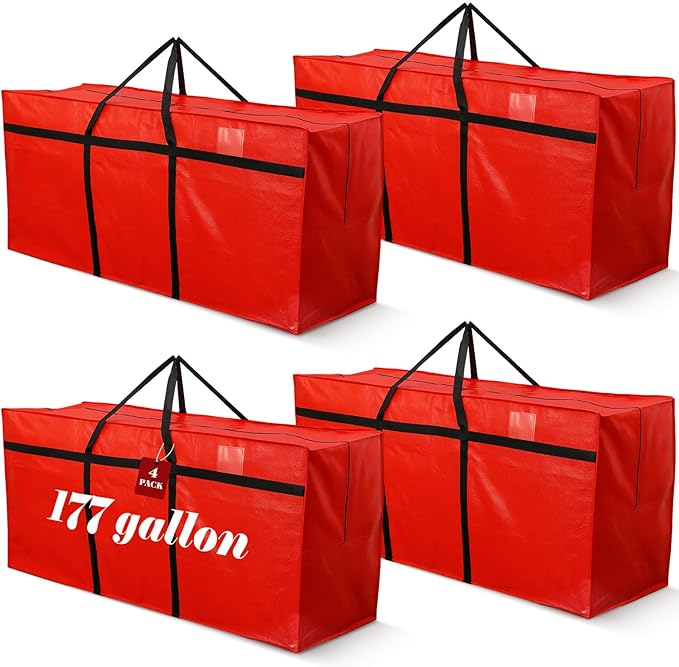 Windyun 4 Pack 177 Gallon Extra Large Storage Bags XXL Moving Bags with Zipper Handles Heavy Duty Jumbo Big Tote Box for Christmas Tree Storage 4, 5, 7.5, 9, 10, 12 ft Skeleton College Dorm(Red)