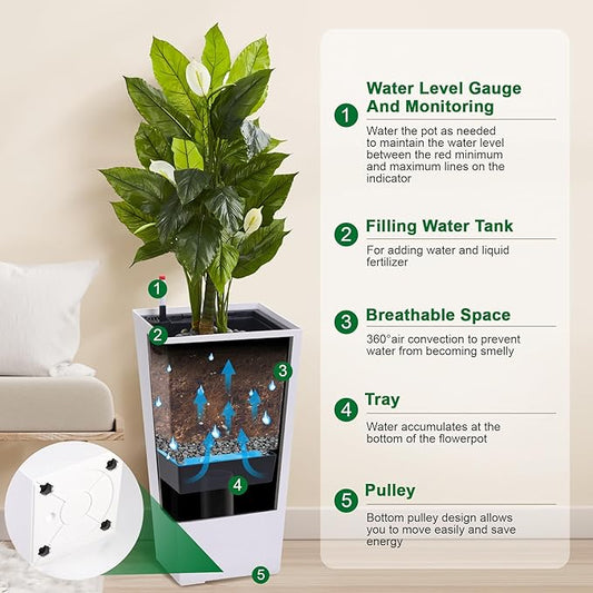 Garvee 30" Tall Planters Set of 2, Outdoor＆Indoor Black Planter Pots, High Front Porch Planter Pots with Drainage Holes＆Water Level Monitor＆Inner Bucket,White