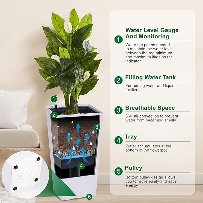 CABIHOME 30 Inch Tall Outdoor Planters Set of 2, High Front Porch Planter Pots with Drainage Holes, Water Level Monitor and Wheels, for Porch or Patio, White
