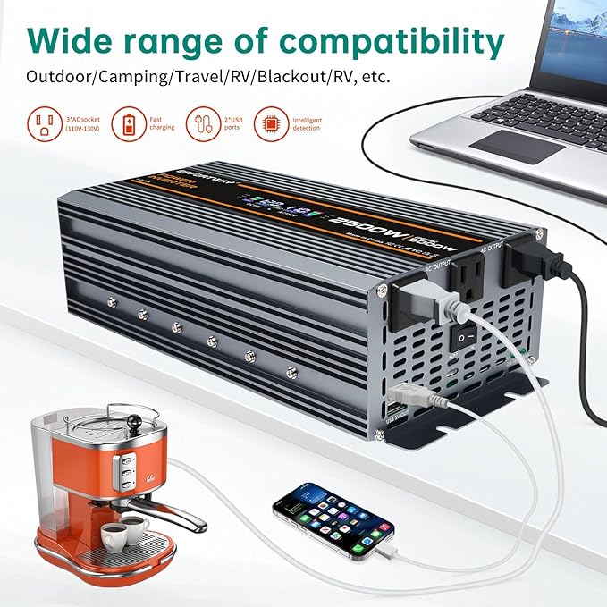 2500W Power Inverter. 12V DC to 110V/120V AC Converter 5000W (Peak) with LCD Display, 3 AC outlets, 2 USB, 2500w Inverter for Camping RV Travel Outdoor Truck Off-Grid Solar inverters