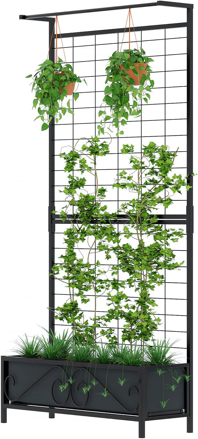 Zhongma Metal Planter with Trellis Raised Bed with Trellis for Vine Climbing Plants Flowers(12.8 x 35.43 x 74 in), 74 Inch Height Privacy Screen with Hanging Plant Pot Shelf