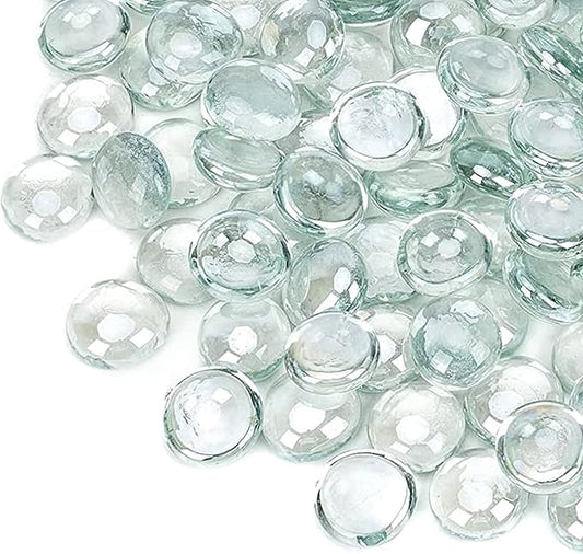 onlyfire Flat Fire Glass Beads for Propane Fire Pit, 1/2 Inch Reflective Firepit Glass Rocks 10 Pounds Flat Marbles for Gas Fireplace and Fire Pit Table, Crystal Ice