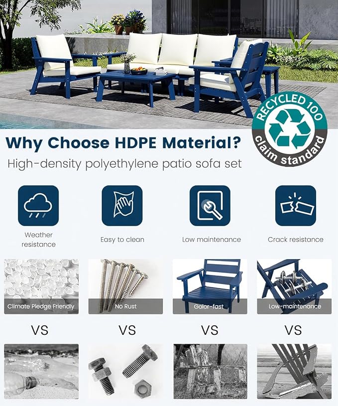 FOOWIN 7-Piece Patio Furniture Set, HDPE All-Weather Outdoor Conversation Set with Thick Cushions, Sectional Patio Sofa Furniture for Deck, Porch, Lawn, Garden, Navy Blue Frame & White Cushion
