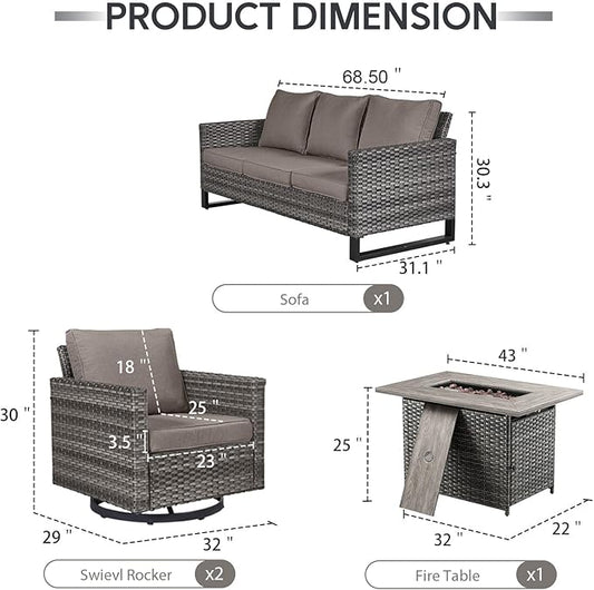 4 Piece Wicker Patio Furniture with Fire Pit Table - Outdoor Conversation Set with 50,000 BTU Fire Pit, All Weather Rattan Patio Set for Deck Backyard Garden - Grey Wicker Grey Cushion