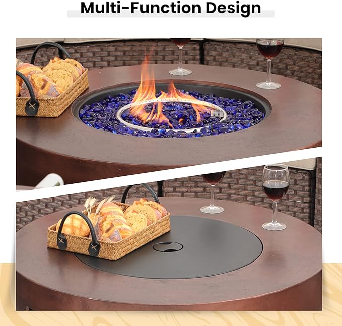 SUNSITT Outdoor 36’’ Propane Fire Pit Table 50,000 BTU Round Patio Propane Firepit Table, Pit Cover, Metal Lid & Fire Glass, Bronze Finish