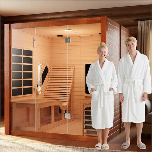 Wood Home Hybrid Sauna for 3 Person, Far Infrared & Steam Dual System Indoor Traditional Saunas, 3KW 9 Heating Elements and 6KW Heating Stove, Speaker, Oxygen Bar, Water Bucket, Rocks, Red Cedar