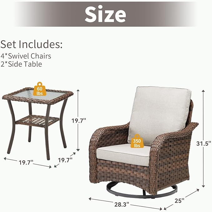 Patio Wicker Chairs Swivel Rocker-Outdoor Swivel Rocker Chair Set of 4 with Wicker Glider Rocker Set, PE Rattan Rocking Chair with 2 Side Table for Balcony Deck Porch Brown/Beige