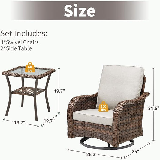 Patio Wicker Chairs Swivel Rocker-Outdoor Swivel Rocker Chair Set of 4 with Wicker Glider Rocker Set, PE Rattan Rocking Chair with 2 Side Table for Balcony Deck Porch Brown/Beige