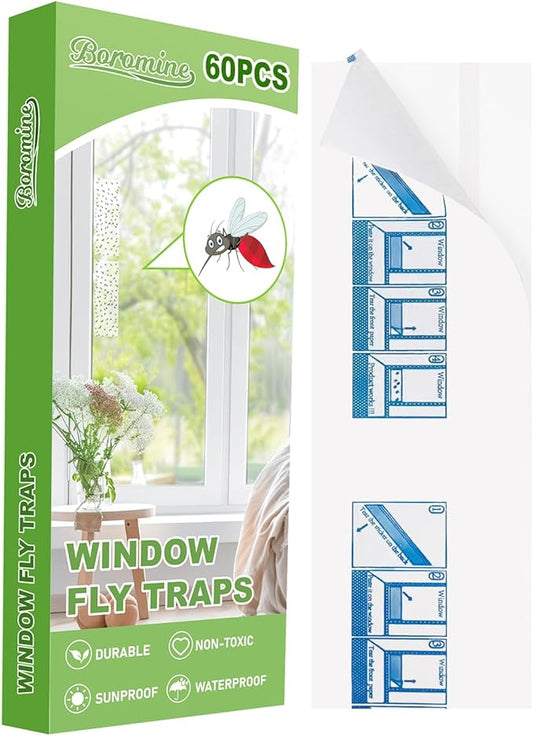 60 Pack Window Fly Traps, Window Sticky Traps, Sticky Non-Toxic Clear Fly Paper Indoor for Home