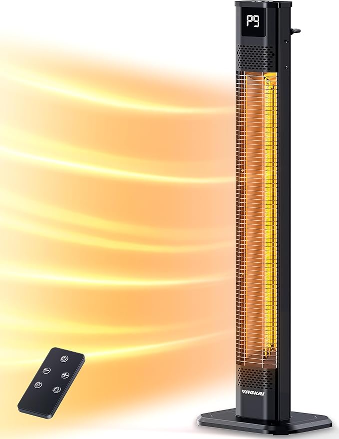 VAGKRI Outdoor Heater, 1s Instant Heating 42in Infrared Patio Heaters, 9 Heat Levels, 24H Timer, IPX5 Waterproof Electric Patio Heaters for Garden, Deck, Restaurant, Garage, Indoor & Outdoor Use