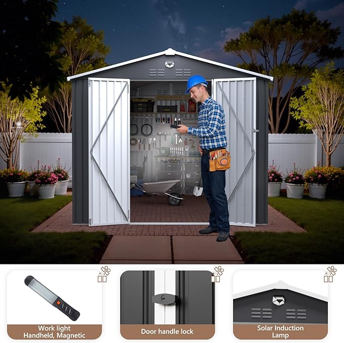 Outdoor Storage Shed 10x12 FT, Metal Garden Shed - Tool Storage Sheds with Lockable Doors, Waterproof Outside Storage Building for Backyard, Patio (Black; Floor Not Included)