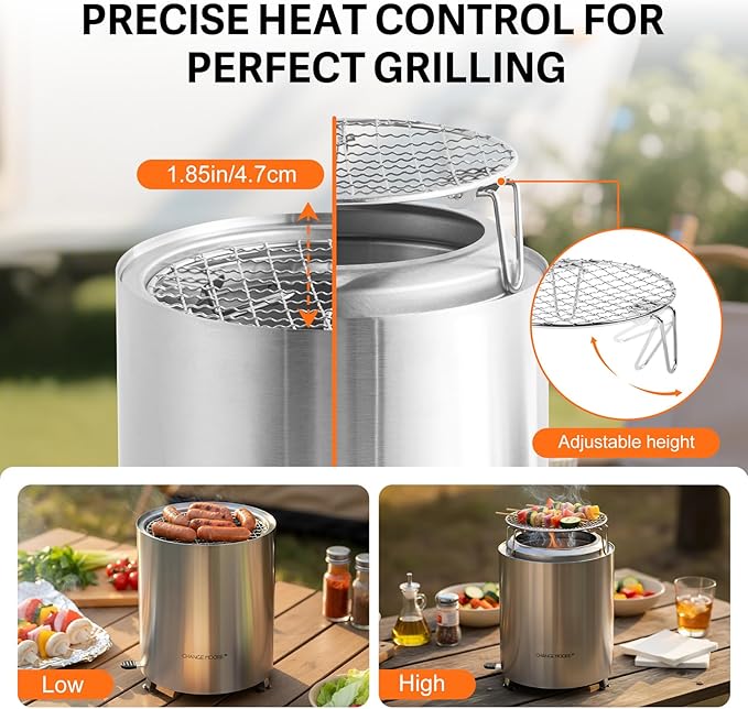 CHANGE MOORE Table Fire Pit Set, Portable Smokeless Firepit with Flodable Stand, Secondary Burn Fueled by Pellets or Wood, 201 Stainless Steel Table Top Firepit for Patio, Camping, Backyard