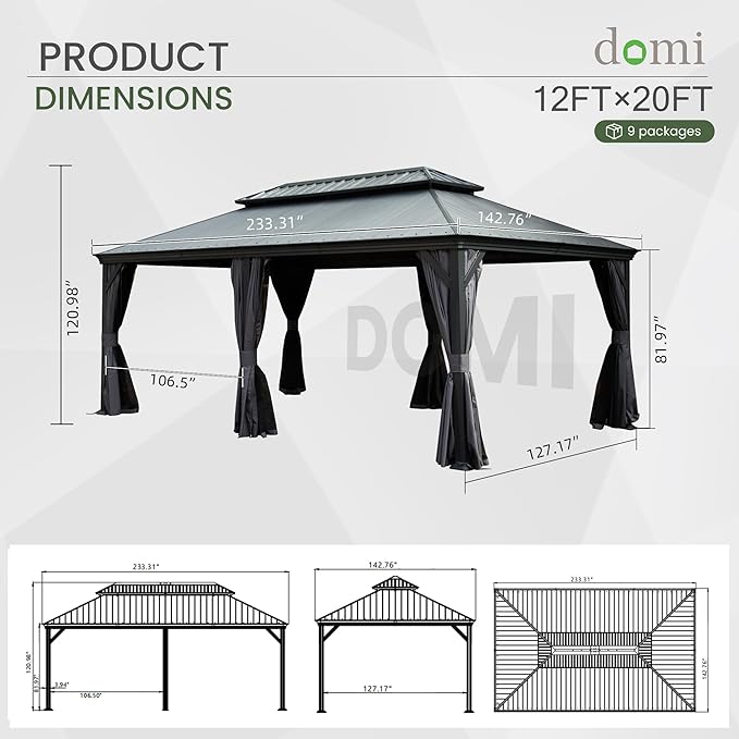 Domi 12' X 20' Hardtop Gazebo, Upgraded Metal Gazebo with Dual-Layer Resin Roof, Drainage System, Curtain and Netting, Outdoor Shelter Canopy for Patio, Garden, and Backyard, Grey