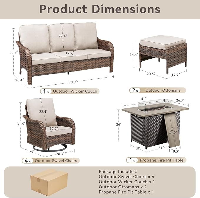 Patio Furniture Set with 42.5" Fire Pit Table-8 Pieces All Weather Wicker Outdoor Furniture with High Back Swivel Patio Chairs Set of 2 Outdoor Couch for Deck Balcony Backyard Brown/Beige