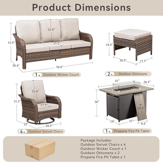 Patio Furniture Set with 42.5" Fire Pit Table-8 Pieces All Weather Wicker Outdoor Furniture with High Back Swivel Patio Chairs Set of 2 Outdoor Couch for Deck Balcony Backyard Brown/Beige