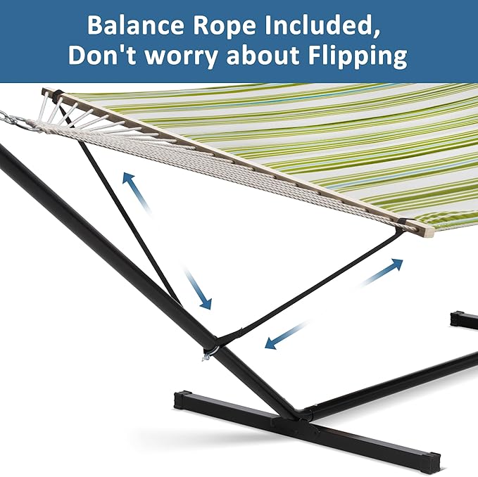 SUNCREAT Portable Double Hammock with Stand, 475 lbs Capacity, Heavy Duty Two Person Hammock with Stand Included, Green Stripe