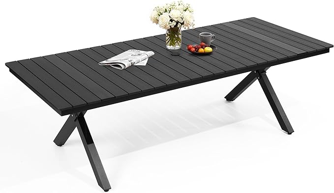 Pellebant 94" Outdoor Dining Table for 6-8, Aluminum Patio Dining Table with Umbrella Hole, Waterproof Wood-Like Tabletop for Lawn Garden Backyard, Black