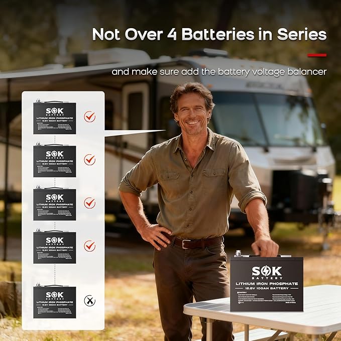 SOK Battery 12V 100Ah LiFePO4 Deep Cycle Lithium Iron Phosphate Battery, Built-in Bluetooth, Low Temperature Protection & Self Heating Function, Suitable for RV and Solar & Wind Off-Grid Use