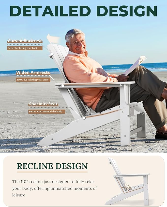 BRIOPAWS Adirondack-Chairs-Set of 4 | Fire Pit Chair | Oversized | HDPE Plastic | Weather Resistant | for Deck Outdoor Poolside Campfire | White