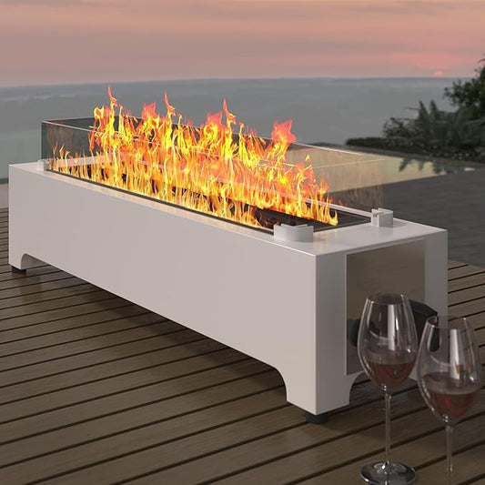 Tabletop Propane Fire Pit-31.5 in,40,000 BTU Stainless Rectangle Propane Table Top Fire Pit, Suitable for Outdoor, Patio, Balcony, w/Wind Glass Shield&Crystal Stone-Silver