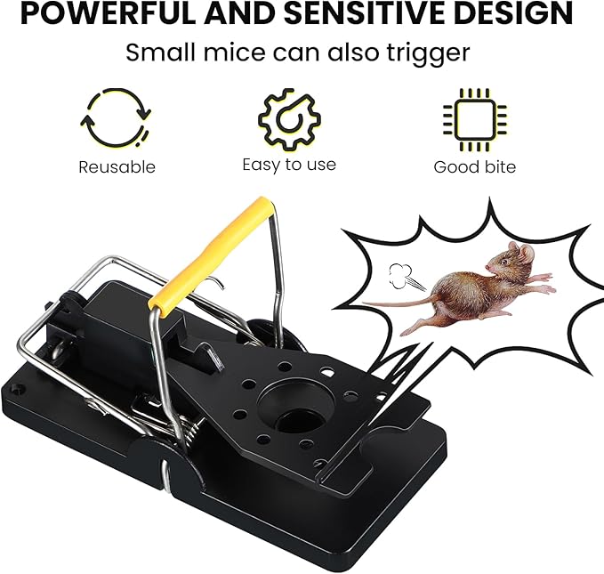 Qualirey 18 Pcs Mouse Traps Plastic Snap Rat Trap Bulk Reusable Quick Effective Safe for Indoor Outdoor Home House Warehouse Garden Kitchen 3.86 x 1.81 x 2.17 Inch (Black,Yellow)
