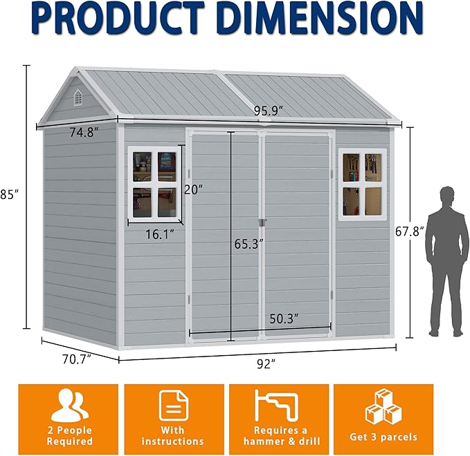 6x8 FT Resin Outdoor Storage Shed with Floor, Weather-Resistant Plastic Garden Shed with Windows, Lockable Door and Vents, Outside Tool Storage Sheds for Backyard, Garden, Lawn, Grey
