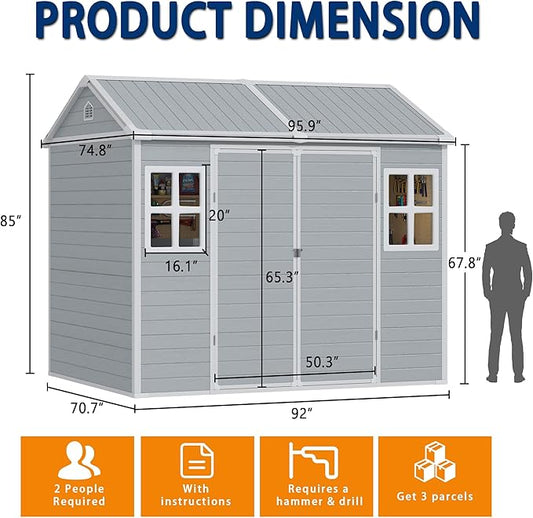 6x8 FT Resin Outdoor Storage Shed with Floor, Weather-Resistant Plastic Garden Shed with Windows, Lockable Door and Vents, Outside Tool Storage Sheds for Backyard, Garden, Lawn, Grey